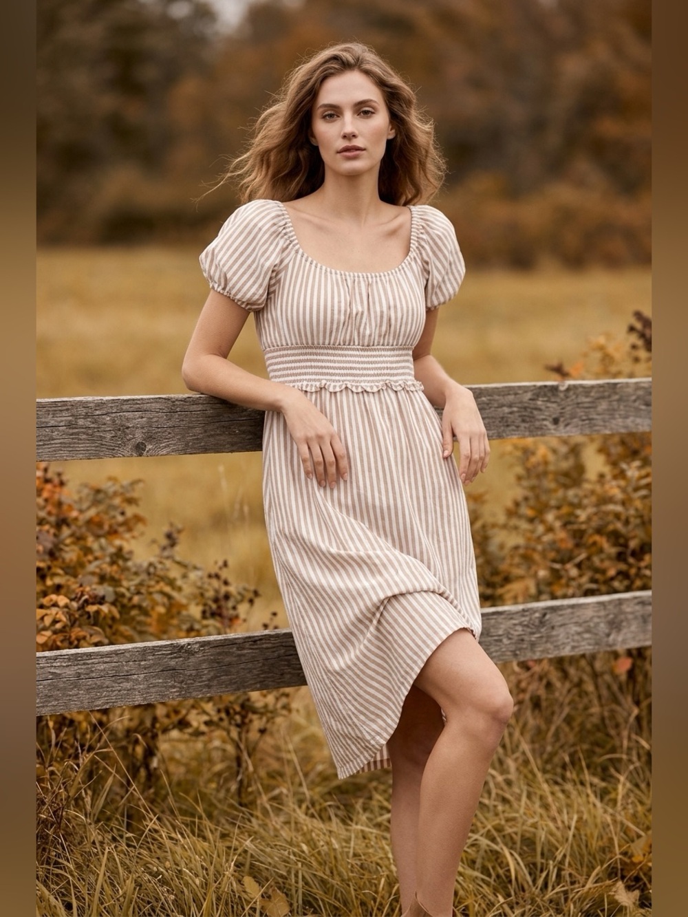 Pomander Place Beige and White Striped Puff-Sleeve Midi Dress. XXL